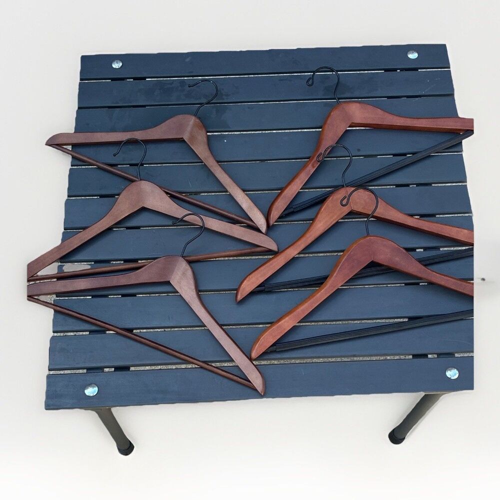Lot of 6 solid hardwood suit hanger in walnut finish, 3 possibly real walnut
